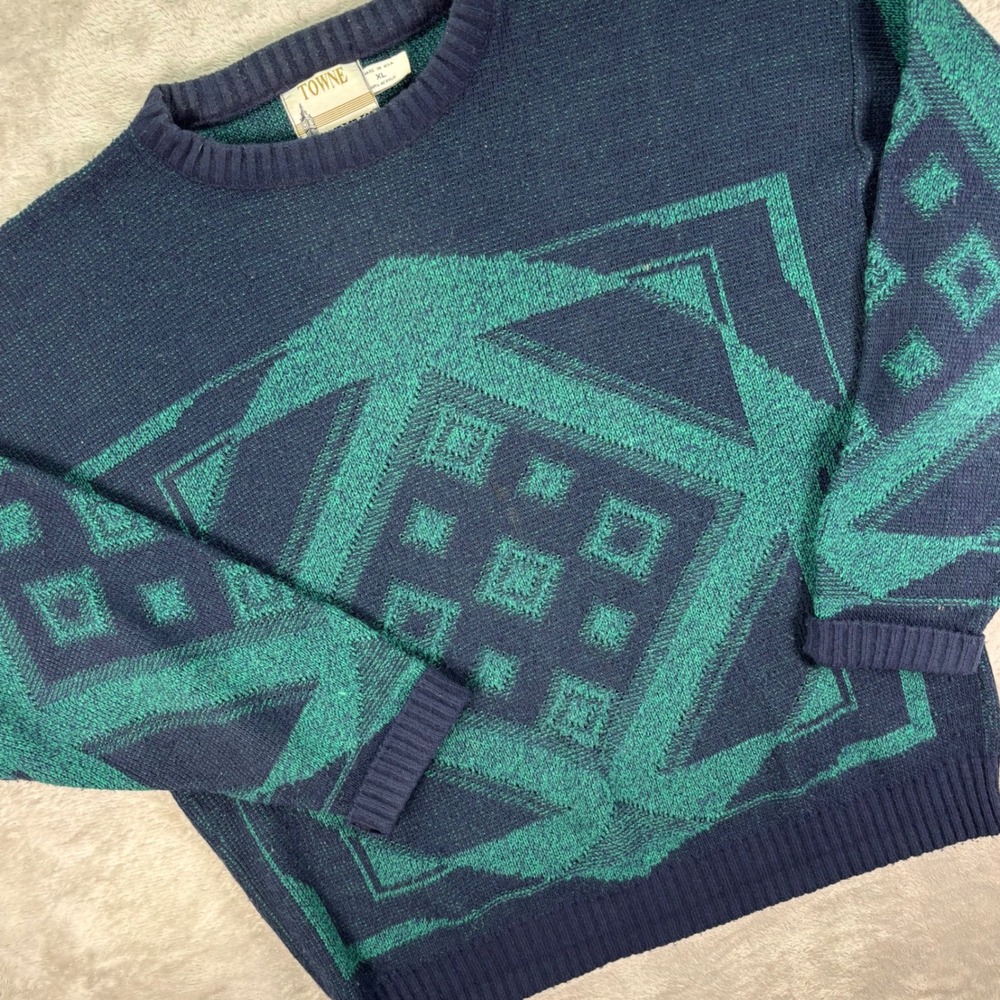 Towne by London Fog Men's XL Geometric Knit Sweater Green Navy Vintage USA‎